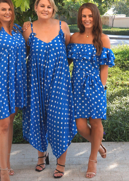 BARDOT DRESS The Belted Bardot Dress - Royal Blue Polka dubai outfit dress brunch fashion mums