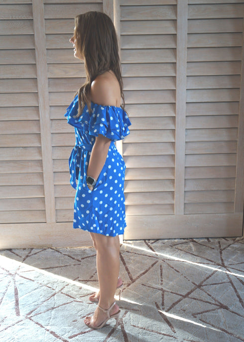 BARDOT DRESS The Belted Bardot Dress - Royal Blue Polka dubai outfit dress brunch fashion mums