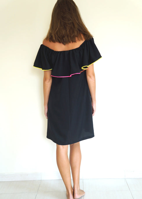 BARDOT DRESS The Ruffle Bardot Dress - Black & Mini Neon Rainbow Pom-Poms dubai outfit dress brunch fashion mums