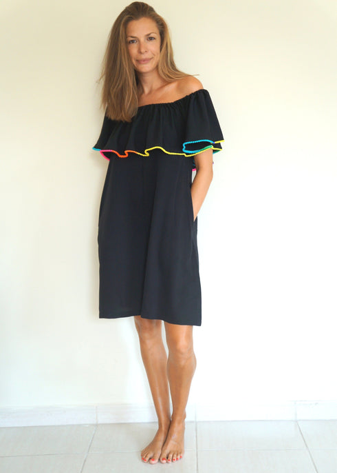 BARDOT DRESS The Ruffle Bardot Dress - Black & Mini Neon Rainbow Pom-Poms dubai outfit dress brunch fashion mums
