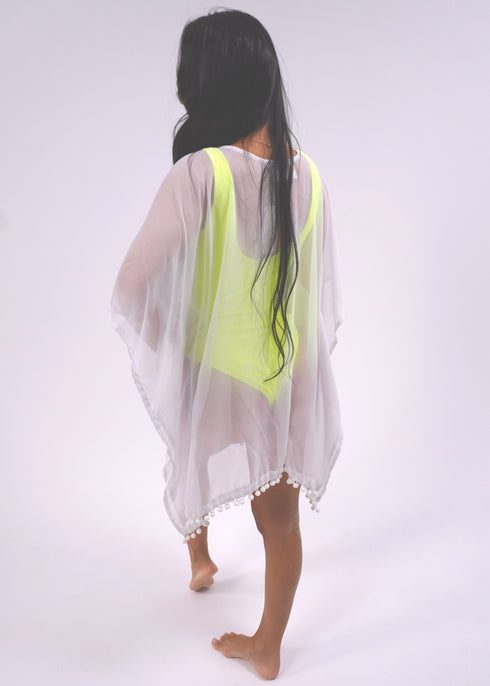 Beach Kaftan O/S The Beach Kaftan - White Chiffon w/ White Pom Poms dubai outfit dress brunch fashion mums