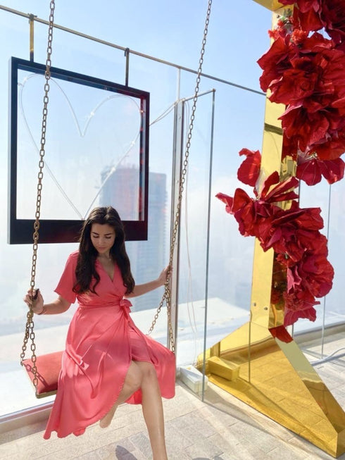 Dress The Maxi Wrap Dress - Coral Blush Satin dubai outfit dress brunch fashion mums