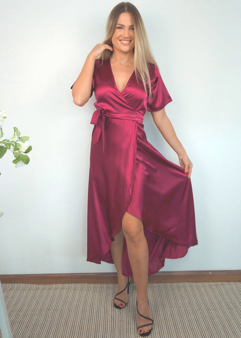 Dress The Satin Wrap Dress - Mulberry Satin dubai outfit dress brunch fashion mums