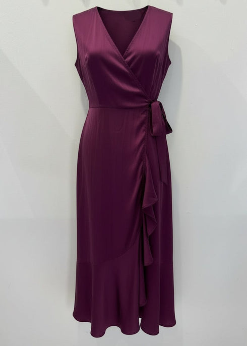 Dress The Sleeveless Midi Wrap Dress - Mulberry Satin dubai outfit dress brunch fashion mums