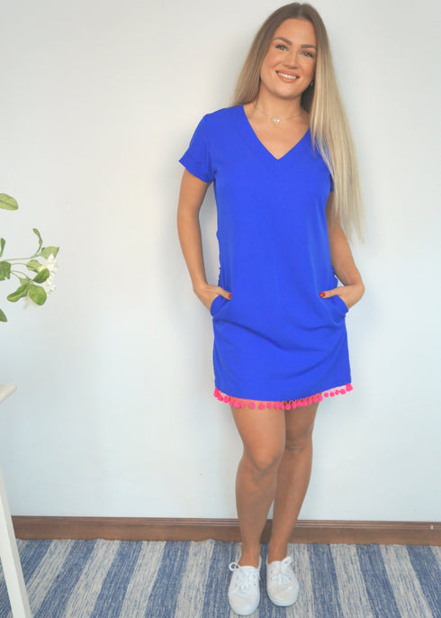 Dress The V Mini Anywhere Dress - Royal Blue with Neon Pom-poms dubai outfit dress brunch fashion mums
