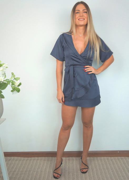 The Flirty Wrap Dress - Midnight Grey Satin dubai outfit dress brunch fashion mums
