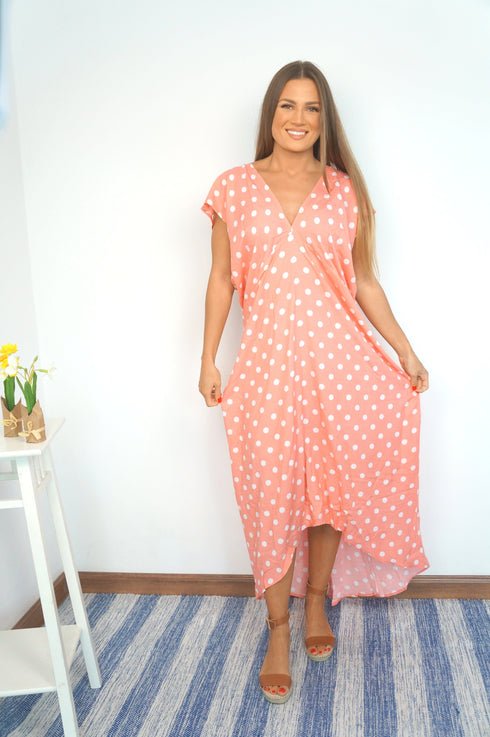 O/S The Kate Maxi Dress - Peach Polka dubai outfit dress brunch fashion mums