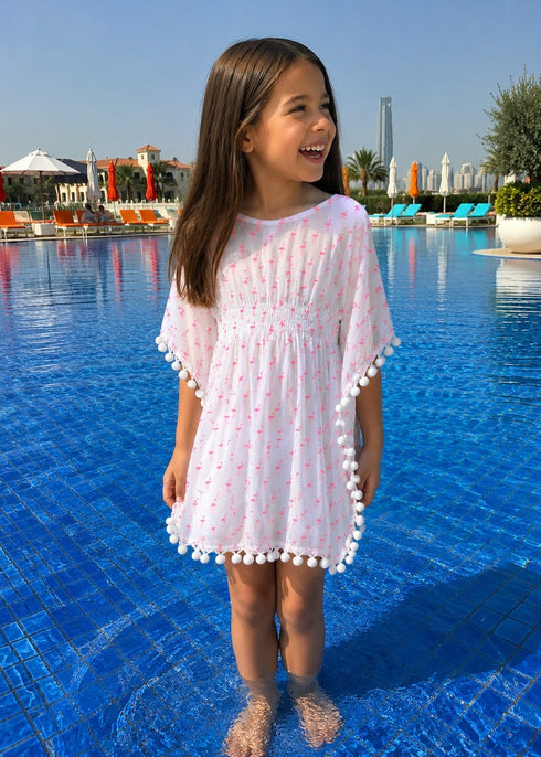 The Little Kaftan - Neon Pink Flamingo w/ White Pom Poms dubai outfit dress brunch fashion mums