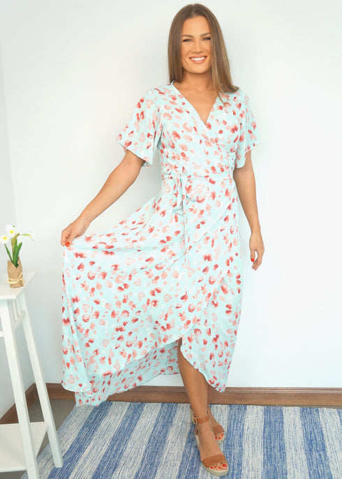 The Maxi Wrap Dress - Mint Kisses dubai outfit dress brunch fashion mums MINT GREEN PINK PRINTED DRESS WEDDING DUBAI