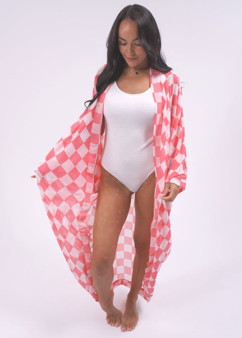 O/S The Palm Kimono - Lipstick Checks dubai outfit dress brunch fashion mums