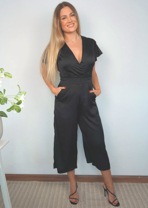 The Satin Wrap Jumpsuit - Midnight Black Satin dubai outfit dress brunch fashion mums