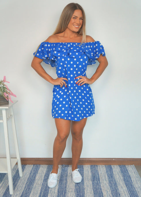BARDOT DRESS The Belted Bardot Dress - Royal Blue Polka dubai outfit dress brunch fashion mums
