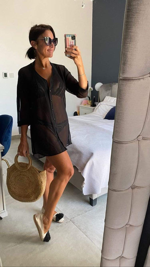 Beach Kaftan The Beach Shirt - Black Chiffon dubai outfit dress brunch fashion mums
