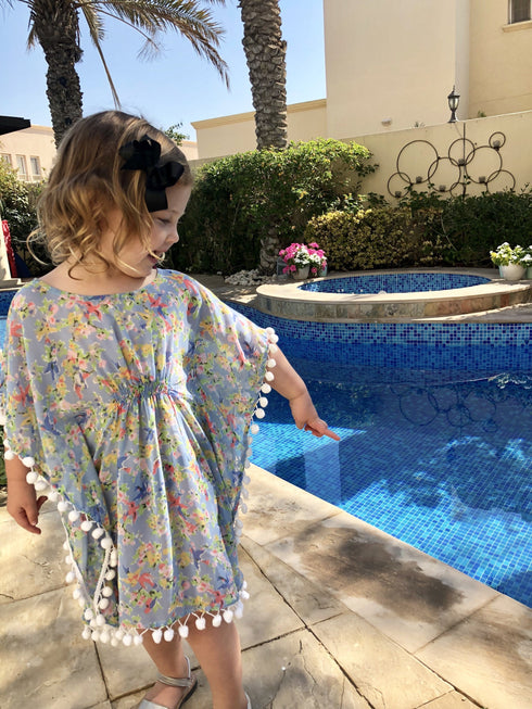 Beach Kaftan The Little Kaftan - Pale Blue Floral Birds print dubai outfit dress brunch fashion mums