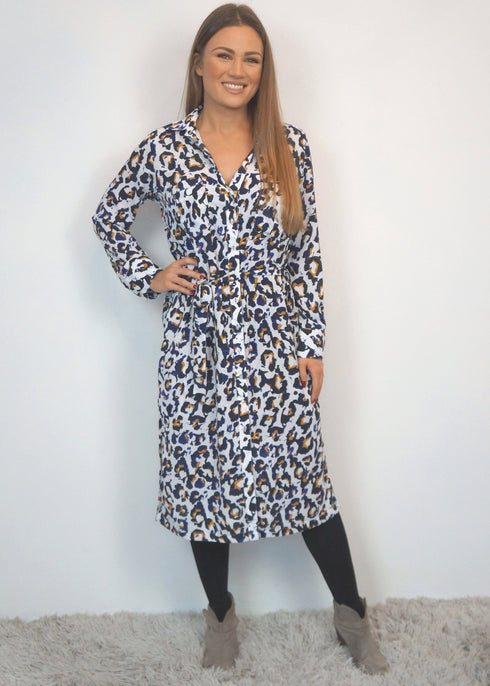 Beach Kaftan The Sara Midi Shirt Dress - Cobalt Gold Leopard dubai outfit dress brunch fashion mums