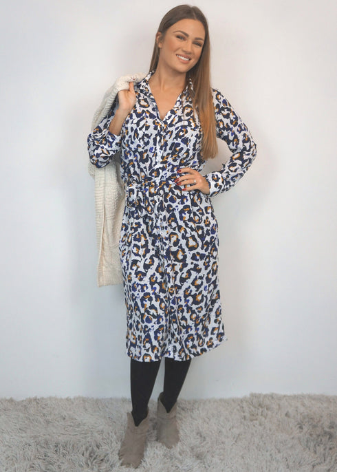 Beach Kaftan The Sara Midi Shirt Dress - Cobalt Gold Leopard dubai outfit dress brunch fashion mums