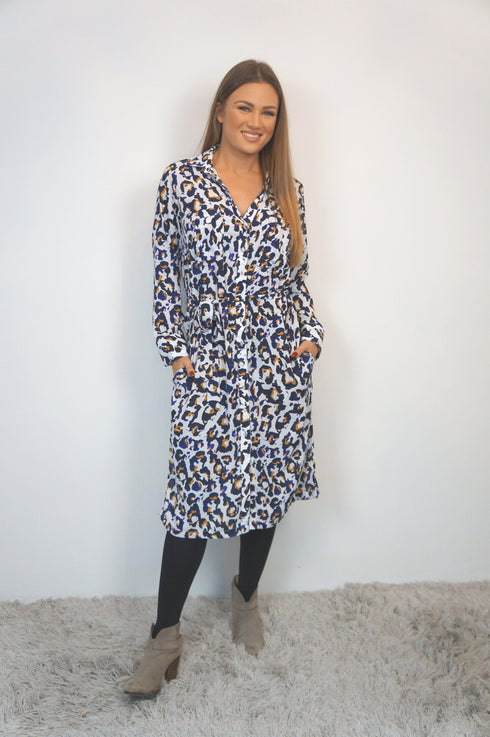 Beach Kaftan The Sara Midi Shirt Dress - Cobalt Gold Leopard dubai outfit dress brunch fashion mums