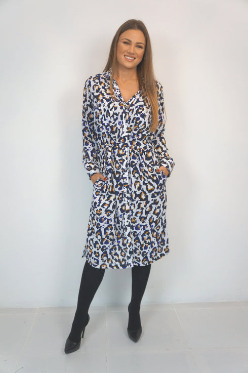Beach Kaftan The Sara Midi Shirt Dress - Cobalt Gold Leopard dubai outfit dress brunch fashion mums