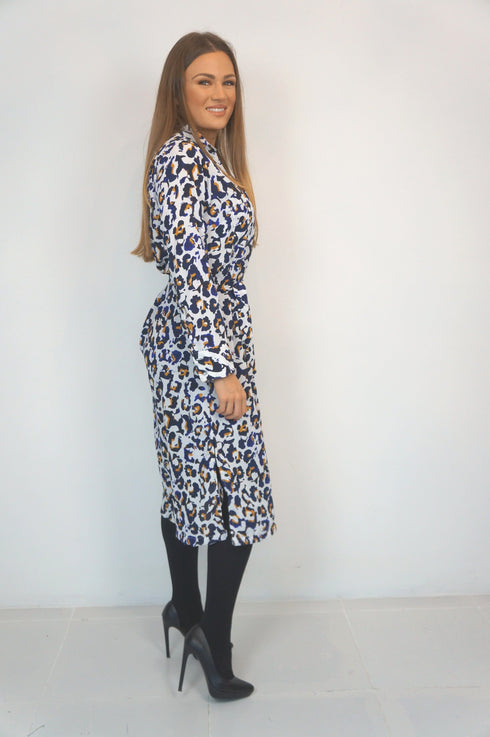 Beach Kaftan The Sara Midi Shirt Dress - Cobalt Gold Leopard dubai outfit dress brunch fashion mums