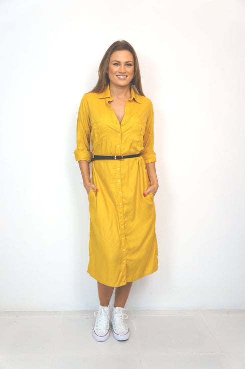 Beach Kaftan The Sara Midi Shirt Dress - Mustard Yellow dubai outfit dress brunch fashion mums