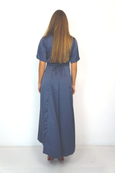 Dress The Maxi Wrap Dress - Midnight Grey Satin dubai outfit dress brunch fashion mums
