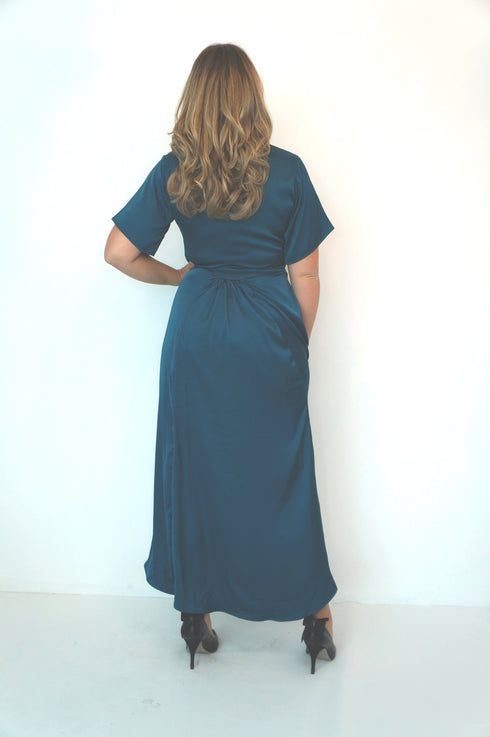 Dress The Maxi Wrap Dress - Petrol Blue Satin dubai outfit dress brunch fashion mums