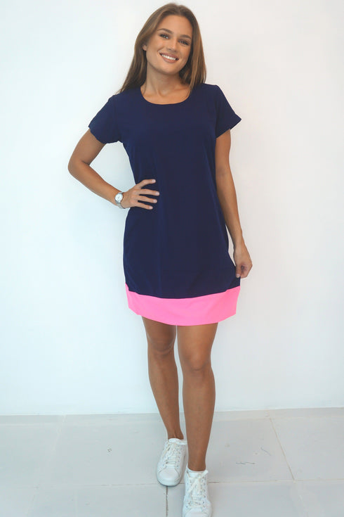 Dress S The Mini Anywhere Dress - Navy w/ Neon Pink Colour Block dubai outfit dress brunch fashion mums