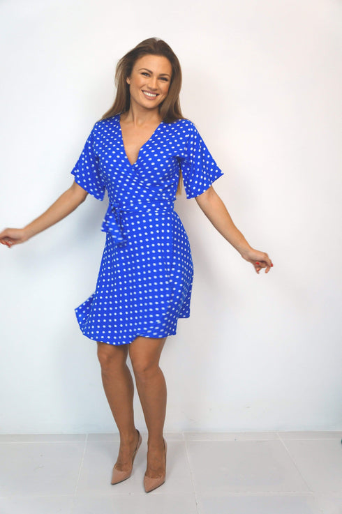 Dress The Short Wrap Dress - Royal Blue Polka Dot dubai outfit dress brunch fashion mums