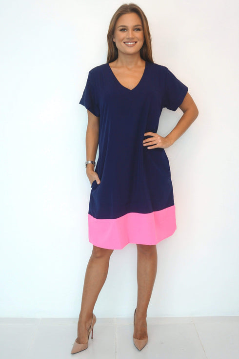 Dress The V Anywhere Dress - Perfect Navy, Neon Pink Colour Block dubai outfit dress brunch fashion mums
