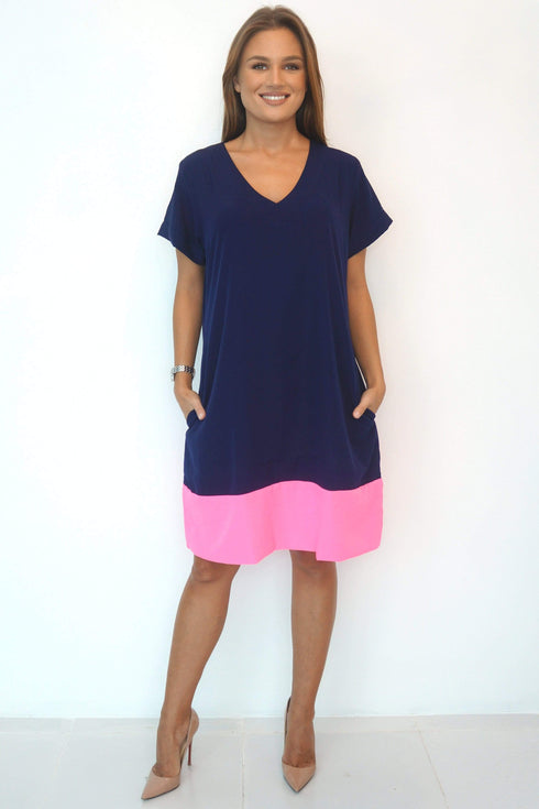 Dress The V Anywhere Dress - Perfect Navy, Neon Pink Colour Block dubai outfit dress brunch fashion mums
