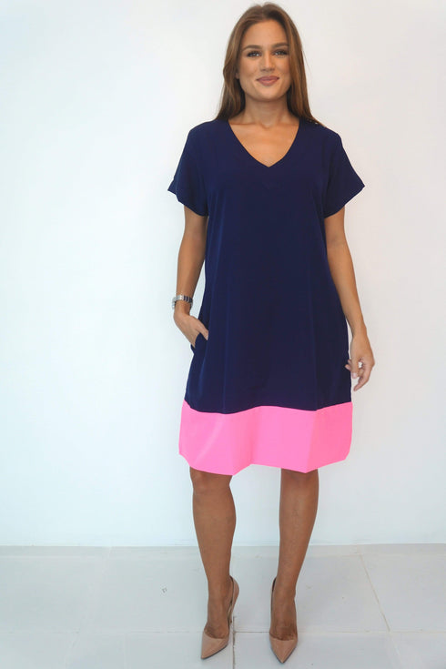 Dress The V Anywhere Dress - Perfect Navy, Neon Pink Colour Block dubai outfit dress brunch fashion mums