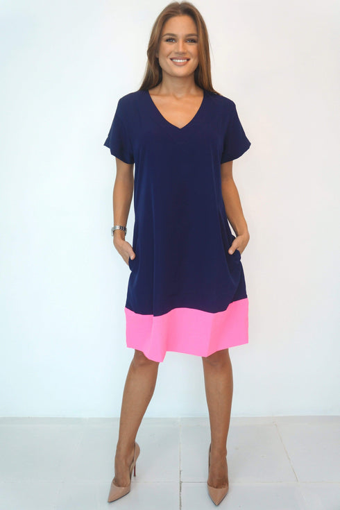 Dress The V Anywhere Dress - Perfect Navy, Neon Pink Colour Block dubai outfit dress brunch fashion mums