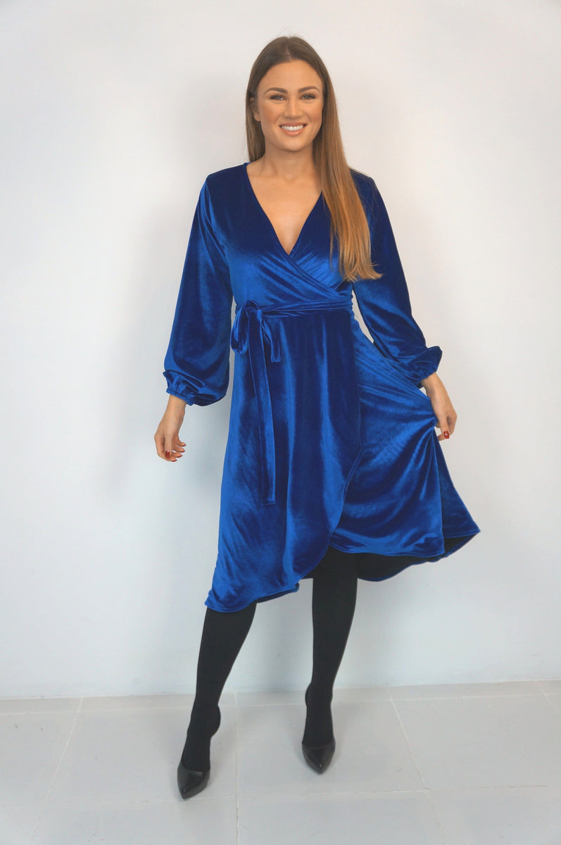 The Midi Velvet Wrap Dress w/ Balloon Sleeves - Blue Velvet NEON STAR The Midi Velvet Wrap Dress w/ Balloon Sleeves - Blue Velvet NEON STAR