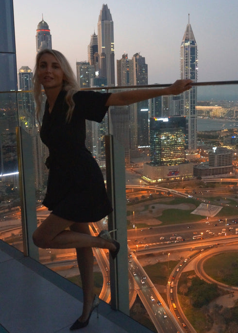 The Flirty Wrap Dress -Black Satin dubai outfit dress brunch fashion mums