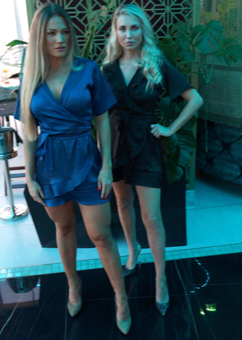The Flirty Wrap Dress -Black Satin dubai outfit dress brunch fashion mums