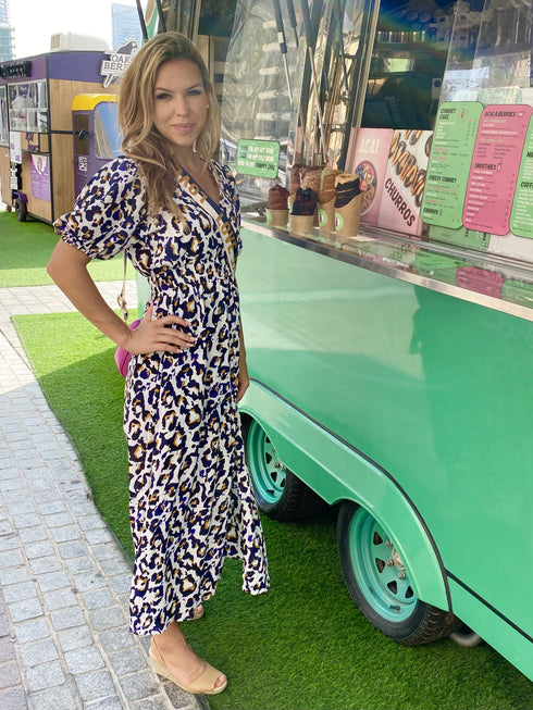 The Helen Dress - Cobalt Gold Leopard dubai outfit dress brunch fashion mums