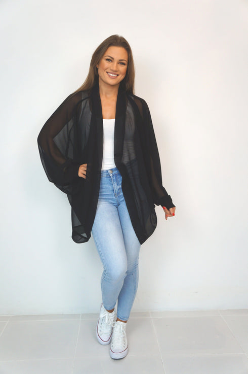 BLACK AND WHITE PAINTED CHEVRON The Mini Palm Kimono - Black Chiffon dubai outfit dress brunch fashion mums