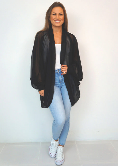 BLACK AND WHITE PAINTED CHEVRON The Mini Palm Kimono - Black Chiffon dubai outfit dress brunch fashion mums