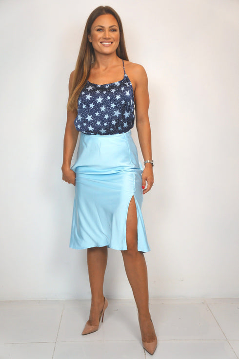 The Stephanie Skirt - Ice Blue Satin dubai outfit dress brunch fashion mums