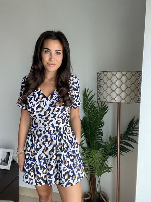 The Tasha Playsuit - Cobalt Gold Leopard dubai outfit dress brunch fashion mums