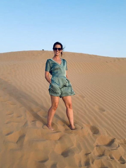 The Tasha Playsuit - Khaki Silk dubai outfit dress brunch fashion mums