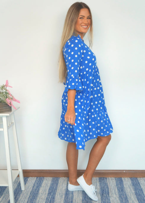 The Tiered Dress - Royal Blue Polka dubai outfit dress brunch fashion mums