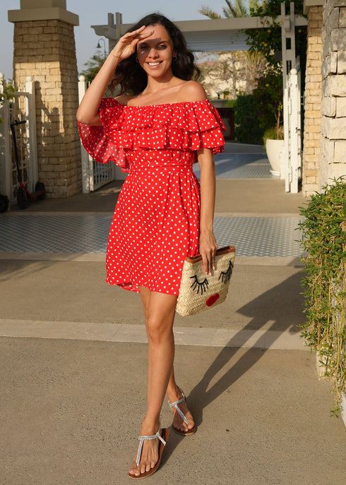 BARDOT DRESS The Belted Bardot Dress - Red & White Spots dubai outfit dress brunch fashion mums