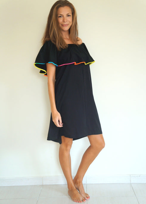 BARDOT DRESS The Ruffle Bardot Dress - Black & Mini Neon Rainbow Pom-Poms dubai outfit dress brunch fashion mums