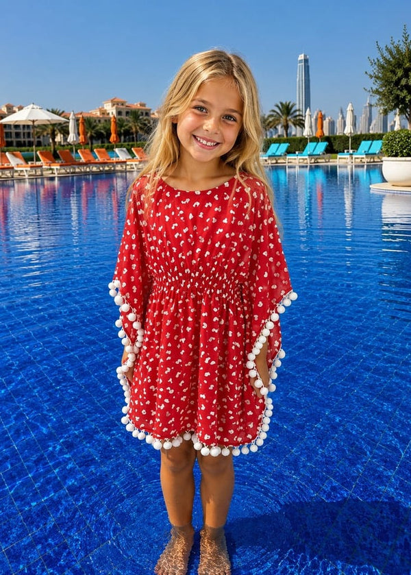 Beach Kaftan The Little Kaftan - Red Love Hearts with pom-poms dubai outfit dress brunch fashion mums