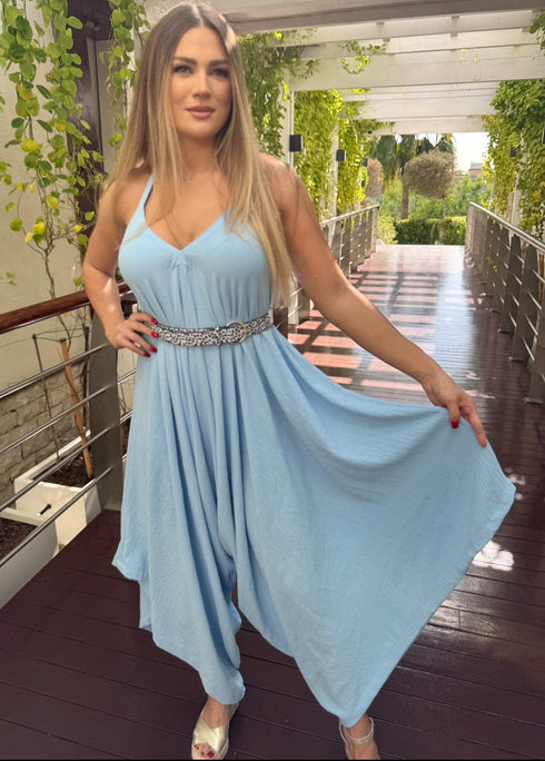 Clothing O/S The Harem Jumpsuit - Cy Sky Blue dubai outfit dress brunch fashion mums