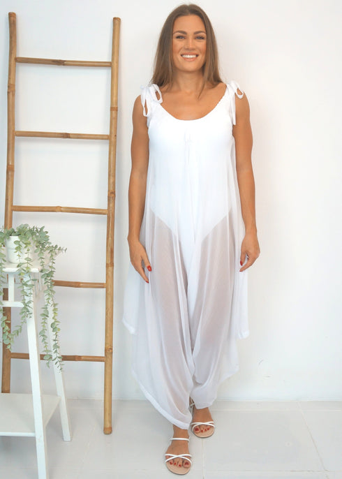 Dress The Harem Jumpsuit - White Chiffon dubai outfit dress brunch fashion mums