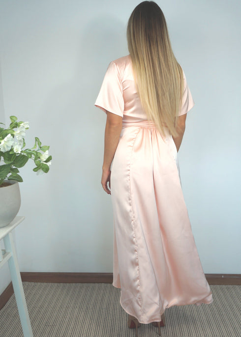 Dress The Maxi Wrap Dress - Perfect Nude Satin dubai outfit dress brunch fashion mums