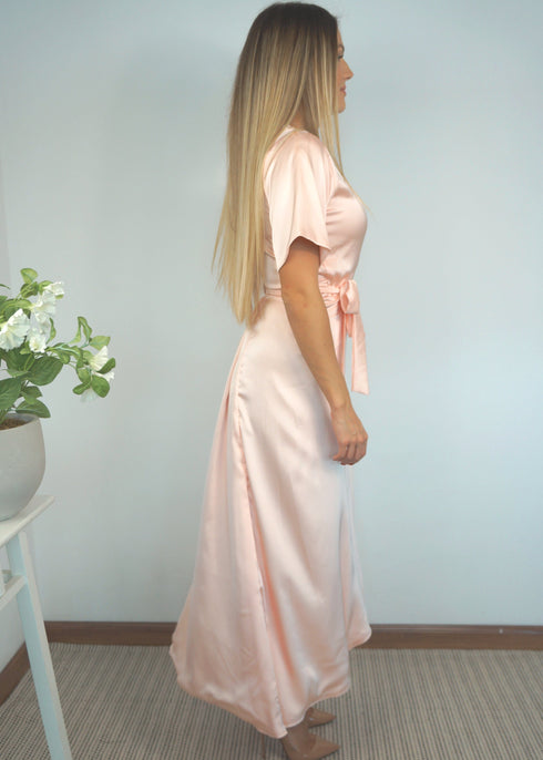 Dress The Maxi Wrap Dress - Perfect Nude Satin dubai outfit dress brunch fashion mums
