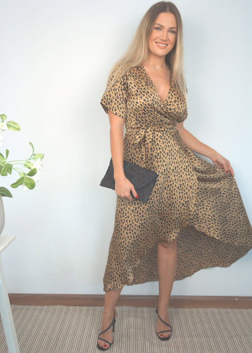 Dress The Satin Wrap Dress - Leopard Gold dubai outfit dress brunch fashion mums